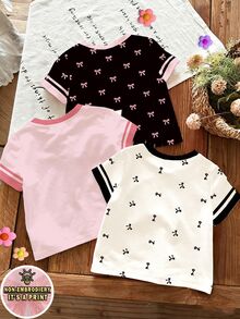 SHEIN 3件套女童新款SS26时尚休闲舒适度假黑白撞色领口袖口蝴蝶结印花短袖圆领T恤，适合夏季穿着 - 彩色 - 查看 3
