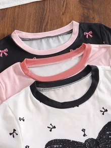 SHEIN 3件套女童新款SS26时尚休闲舒适度假黑白撞色领口袖口蝴蝶结印花短袖圆领T恤，适合夏季穿着 - 彩色 - 查看 7