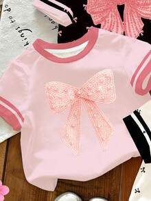 SHEIN 3件套女童新款SS26时尚休闲舒适度假黑白撞色领口袖口蝴蝶结印花短袖圆领T恤，适合夏季穿着 - 彩色 - 查看 5