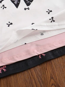 SHEIN 3件套女童新款SS26时尚休闲舒适度假黑白撞色领口袖口蝴蝶结印花短袖圆领T恤，适合夏季穿着 - 彩色 - 查看 8