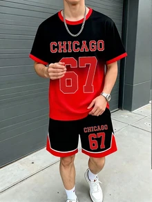 青少年男童数码印花短袖T恤短裤套装，休闲舒适春夏装，适合户外、运动、野餐、街头摄影、度假、送礼等场合。 - 彩色 - 查看 6