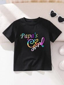 Camiseta de manga corta con estampado de letras colorido y lindo para niña joven - Negro - Ver 1