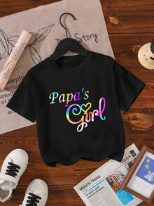 Camiseta de manga corta con estampado de letras colorido y lindo para niña joven - Negro - Ver 5