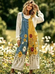 Selamara Women's Floral Print Button Pocket Colorblock Jumpsuit - Multicolor - View 4