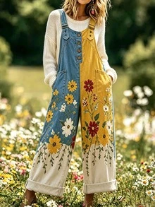 Selamara Women's Floral Print Button Pocket Colorblock Jumpsuit - Multicolor - View 1
