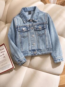 SHEIN Vintaside Kids 女童牛仔外套，秋冬新款，时尚休闲校园风，百搭简约牛仔夹克，可搭配卫衣和T恤，初秋单品，女童牛仔外套，浅蓝色经典复古女童牛仔夹克 - 淺色水洗藍 - 查看 2