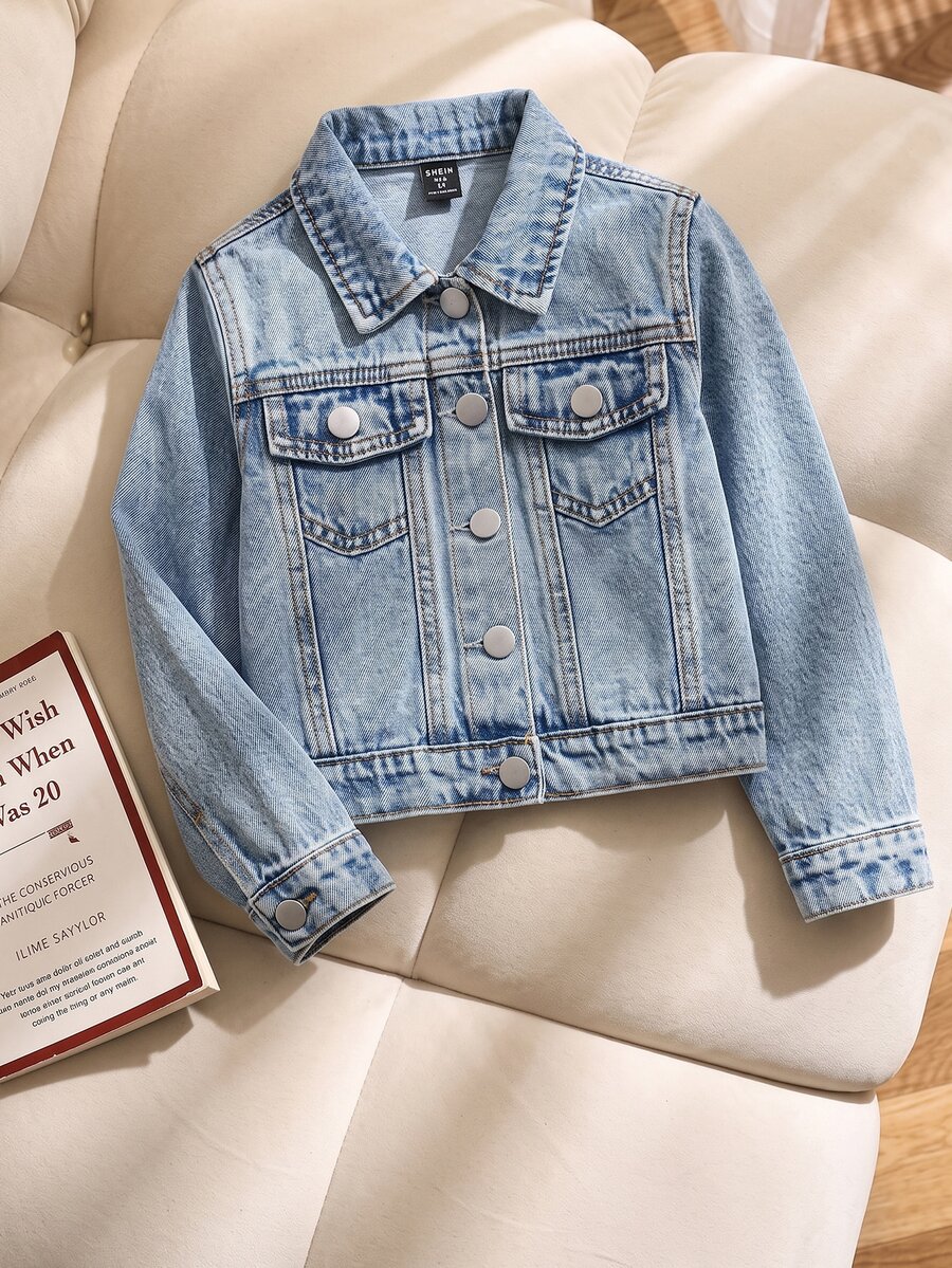 SHEIN Vintaside Kids 女童牛仔外套，秋冬新款，时尚休闲校园风，百搭简约牛仔夹克，可搭配卫衣和T恤，初秋单品，女童牛仔外套，浅蓝色经典复古女童牛仔夹克