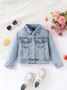 SHEIN Vintaside Kids 女童牛仔外套，秋冬新款，时尚休闲校园风，百搭简约牛仔夹克，可搭配卫衣和T恤，初秋单品，女童牛仔外套，浅蓝色经典复古女童牛仔夹克 - 淺色水洗藍 - 查看 3