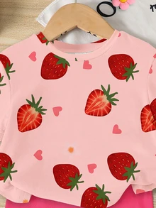 Elladie kids 1 Set Baby Girls' Sweet Cute Strawberry Fruit Pattern Vacation Style Printed Short Sleeve Round Neck T-Shirt And Shorts Pink Hot Pink Summer - Multicolor - View 6