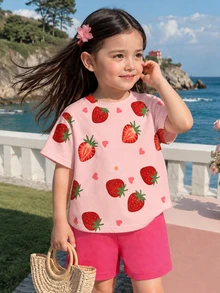 Elladie kids 1 Set Baby Girls' Sweet Cute Strawberry Fruit Pattern Vacation Style Printed Short Sleeve Round Neck T-Shirt And Shorts Pink Hot Pink Summer - Multicolor - View 9