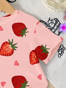 Elladie kids 1 Set Baby Girls' Sweet Cute Strawberry Fruit Pattern Vacation Style Printed Short Sleeve Round Neck T-Shirt And Shorts Pink Hot Pink Summer - Multicolor - View 8