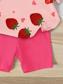 Elladie kids 1 Set Baby Girls' Sweet Cute Strawberry Fruit Pattern Vacation Style Printed Short Sleeve Round Neck T-Shirt And Shorts Pink Hot Pink Summer - Multicolor - View 7