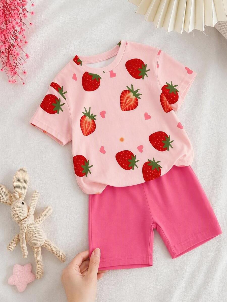 Elladie kids 1 Set Baby Girls' Sweet Cute Strawberry Fruit Pattern Vacation Style Printed Short Sleeve Round Neck T-Shirt And Shorts Pink Hot Pink Summer