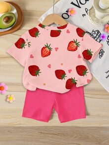 Elladie kids 1 Set Baby Girls' Sweet Cute Strawberry Fruit Pattern Vacation Style Printed Short Sleeve Round Neck T-Shirt And Shorts Pink Hot Pink Summer - Multicolor - View 4