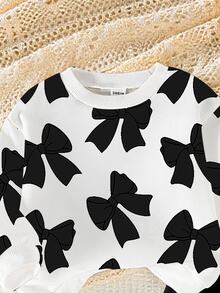 SHEIN Playful Pals 1 Set Baby Girls Casual Cute Funny Graphic Fashionable Bow Pattern Crew Neck Sweatshirt Flare Pants Outfit Autumn/Winter Black And White Black Party - Multicolor - View 6
