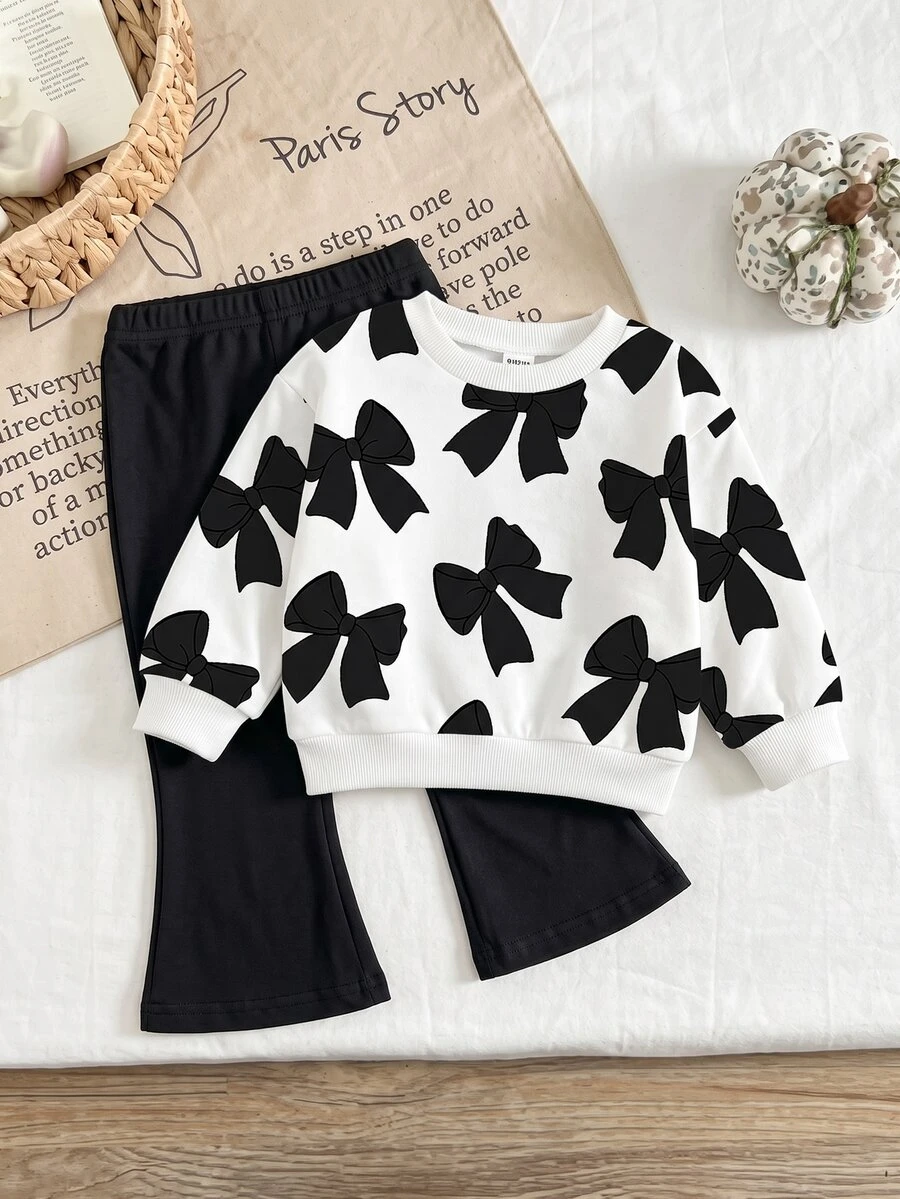 SHEIN Playful Pals 1 Set Baby Girls Casual Cute Funny Graphic Fashionable Bow Pattern Crew Neck Sweatshirt Flare Pants Outfit Autumn/Winter Black And White Black Party - Multicolor - View 1