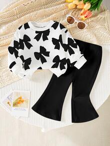 SHEIN Playful Pals 1 Set Baby Girls Casual Cute Funny Graphic Fashionable Bow Pattern Crew Neck Sweatshirt Flare Pants Outfit Autumn/Winter Black And White Black Party - Multicolor - View 2
