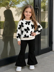 SHEIN Playful Pals 1 Set Baby Girls Casual Cute Funny Graphic Fashionable Bow Pattern Crew Neck Sweatshirt Flare Pants Outfit Autumn/Winter Black And White Black Party - Multicolor - View 4
