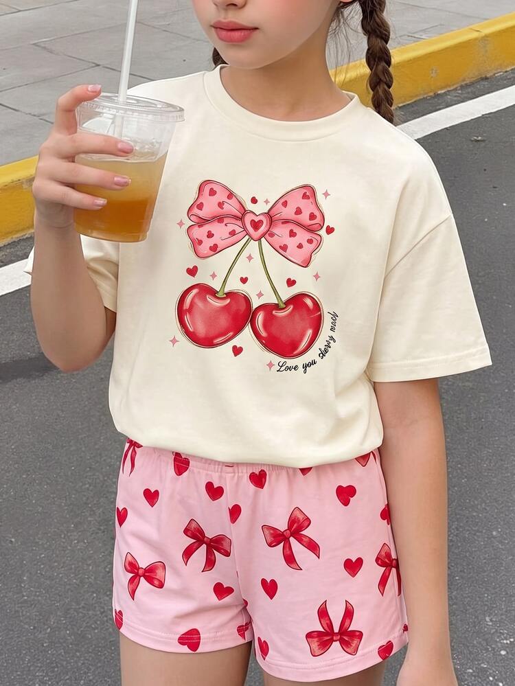 2pcs/Set Girls Toddler Summer New Cherry Bow Print Round Neck Soft Fabric Short Sleeve T-Shirt Elastic Waist Pink Bow Print Shorts Simple Versatile Fashion Set - Multicolor - View 2