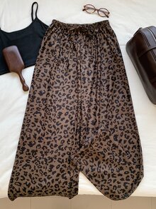 SHEIN EZwear 女款時尚豹紋抽繩休閒長褲 秋冬女休閒慢跑褲 度假居家穿搭豹紋 - 棕色 - 查看 8