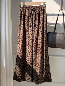 SHEIN EZwear 女款時尚豹紋抽繩休閒長褲 秋冬女休閒慢跑褲 度假居家穿搭豹紋 - 棕色 - 查看 6
