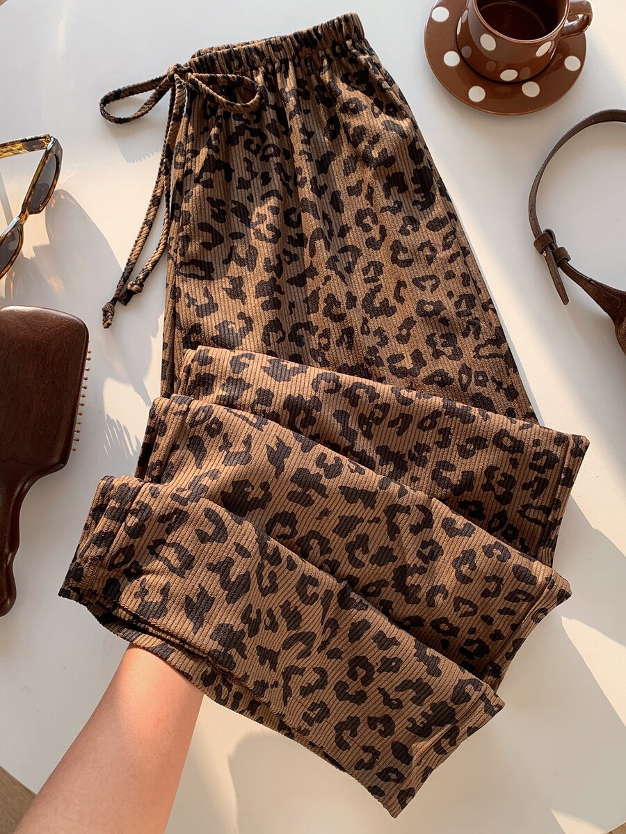 SHEIN EZwear 女款時尚豹紋抽繩休閒長褲 秋冬女休閒慢跑褲 度假居家穿搭豹紋