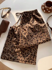 SHEIN EZwear 女款時尚豹紋抽繩休閒長褲 秋冬女休閒慢跑褲 度假居家穿搭豹紋 - 棕色 - 查看 5
