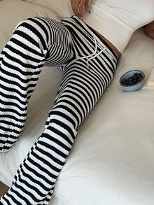 SHEIN EZwear 黑白条纹休闲喇叭裤，夏季 - 黑與白 - 查看 5