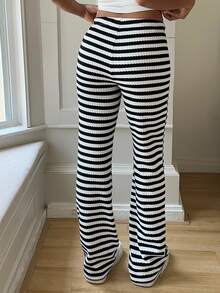 SHEIN EZwear 黑白条纹休闲喇叭裤，夏季 - 黑與白 - 查看 3