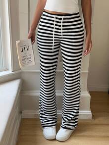 SHEIN EZwear 黑白条纹休闲喇叭裤，夏季 - 黑與白 - 查看 4