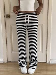 SHEIN EZwear 黑白条纹休闲喇叭裤，夏季 - 黑與白 - 查看 2