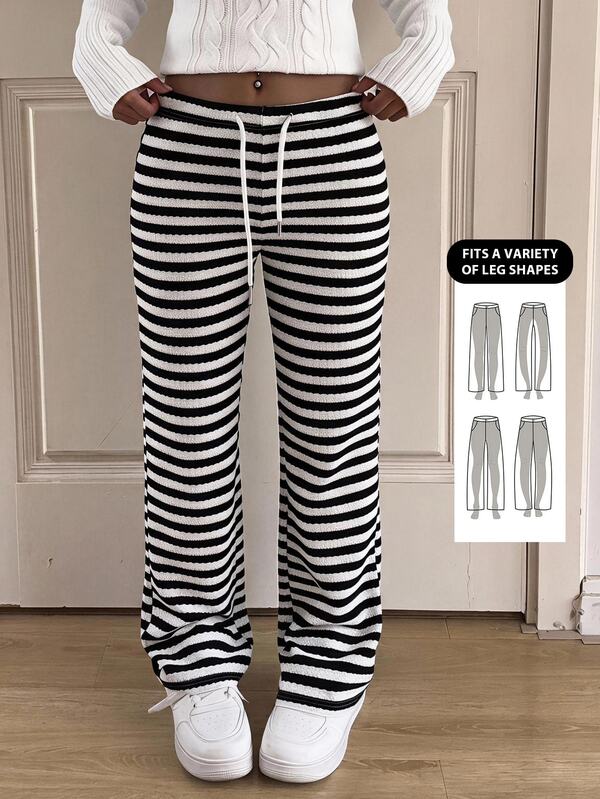 SHEIN EZwear Schwarz-Weiß gestreifte bequeme Weite Hose, Sommer