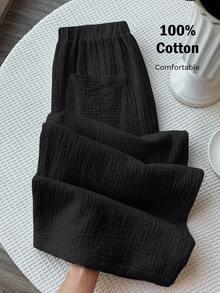 Comfortcana Summer Casual Vacation Solid Color Chiffon Loose Pants - Black - View 1