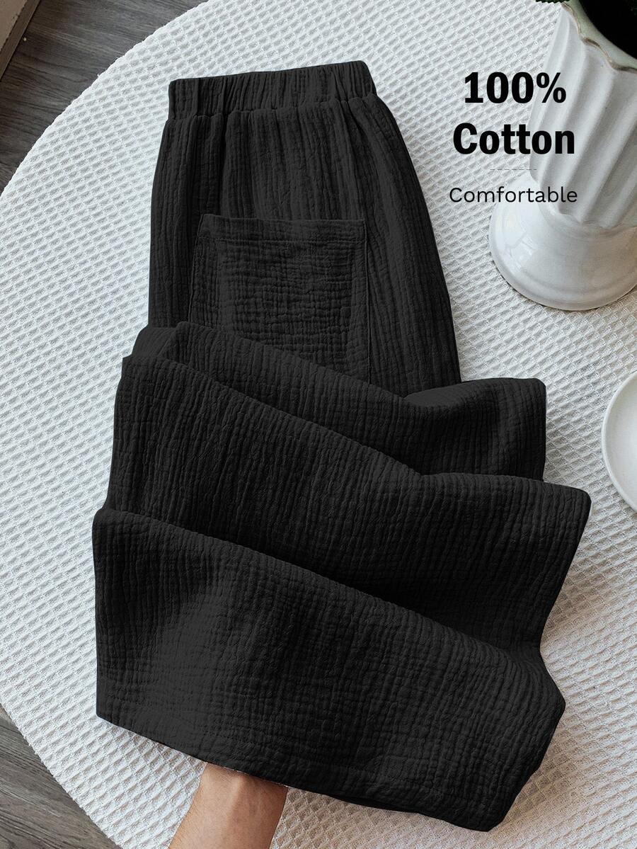 Comfortcana Summer Casual Vacation Solid Color Chiffon Loose Pants - Black - View 1