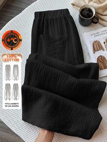 Comfortcana Summer Casual Vacation Solid Color Chiffon Loose Pants - Black - View 8