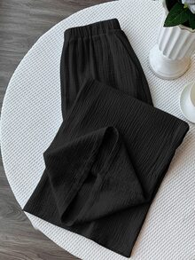 Comfortcana Summer Casual Vacation Solid Color Chiffon Loose Pants - Black - View 6