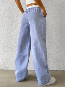 SHEIN EZwear Navy Striped Print Knot Front Woven Women's Pants - Royal Blue - View 2