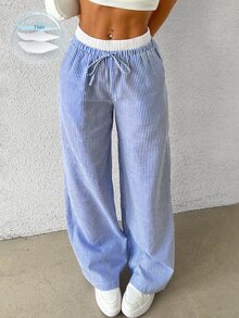 SHEIN EZwear Navy Striped Print Knot Front Woven Women's Pants - Royal Blue - View 7