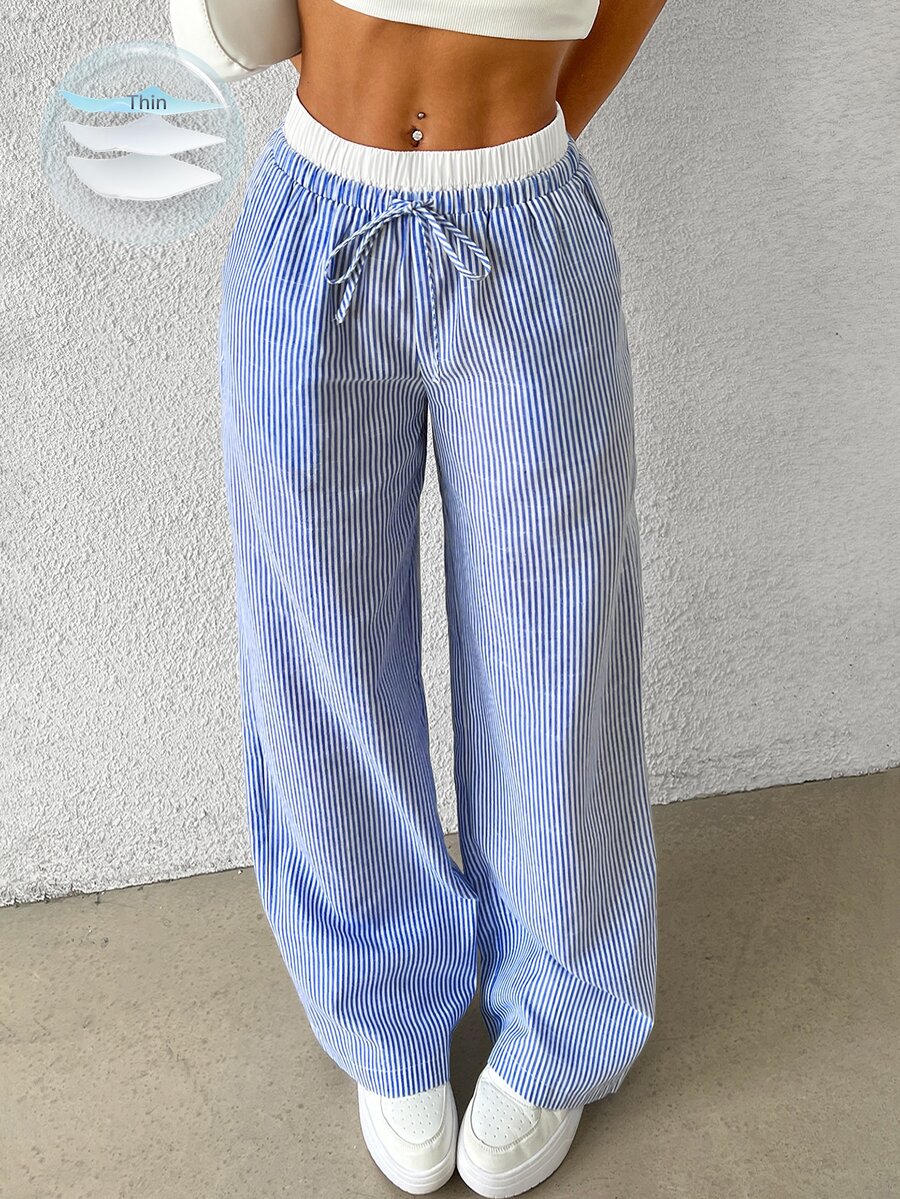 SHEIN EZwear Navy Striped Print Knot Front Woven Women's Pants