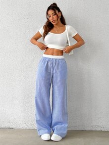 SHEIN EZwear Navy Striped Print Knot Front Woven Women's Pants - Royal Blue - View 4