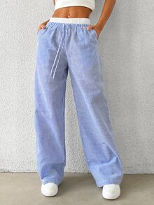 SHEIN EZwear Navy Striped Print Knot Front Woven Women's Pants - Royal Blue - View 5