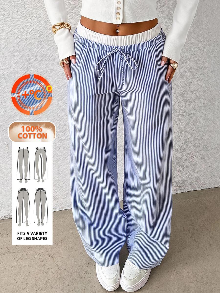 SHEIN EZwear Navy Striped Print Knot Front Woven Women's Pants - Royal Blue - View 1