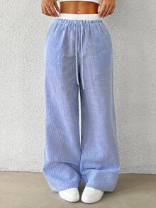 SHEIN EZwear Navy Striped Print Knot Front Woven Women's Pants - Royal Blue - View 3