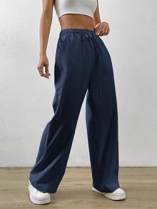 SHEIN EZwear 藏青色棉麻抽绳腰斜口袋阔腿裤 - 藏蓝色 - 查看 4