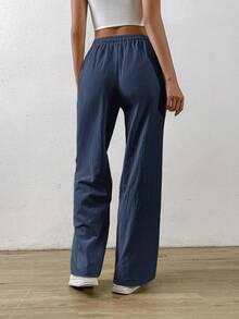 SHEIN EZwear 藏青色棉麻抽绳腰斜口袋阔腿裤 - 藏蓝色 - 查看 2