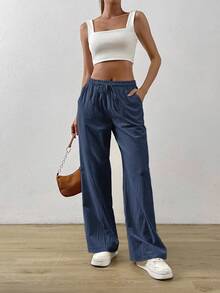 SHEIN EZwear 藏青色棉麻抽绳腰斜口袋阔腿裤 - 藏蓝色 - 查看 6