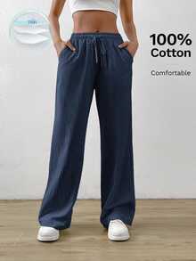 SHEIN EZwear 藏青色棉麻抽绳腰斜口袋阔腿裤 - 藏蓝色 - 查看 7