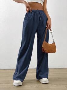 SHEIN EZwear 藏青色棉麻抽绳腰斜口袋阔腿裤 - 藏蓝色 - 查看 5