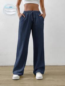 SHEIN EZwear 藏青色棉麻抽绳腰斜口袋阔腿裤 - 藏蓝色 - 查看 8