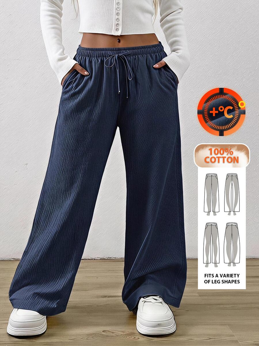 SHEIN EZwear 藏青色棉麻抽绳腰斜口袋阔腿裤 - 藏蓝色 - 查看 1